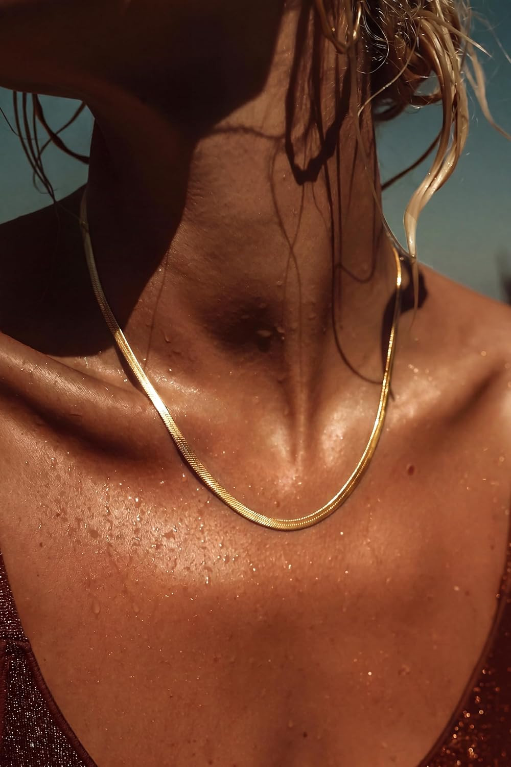 14K Gold Plated Necklaces for Women, Dainty Gold Herringbone Choker Necklace Thi