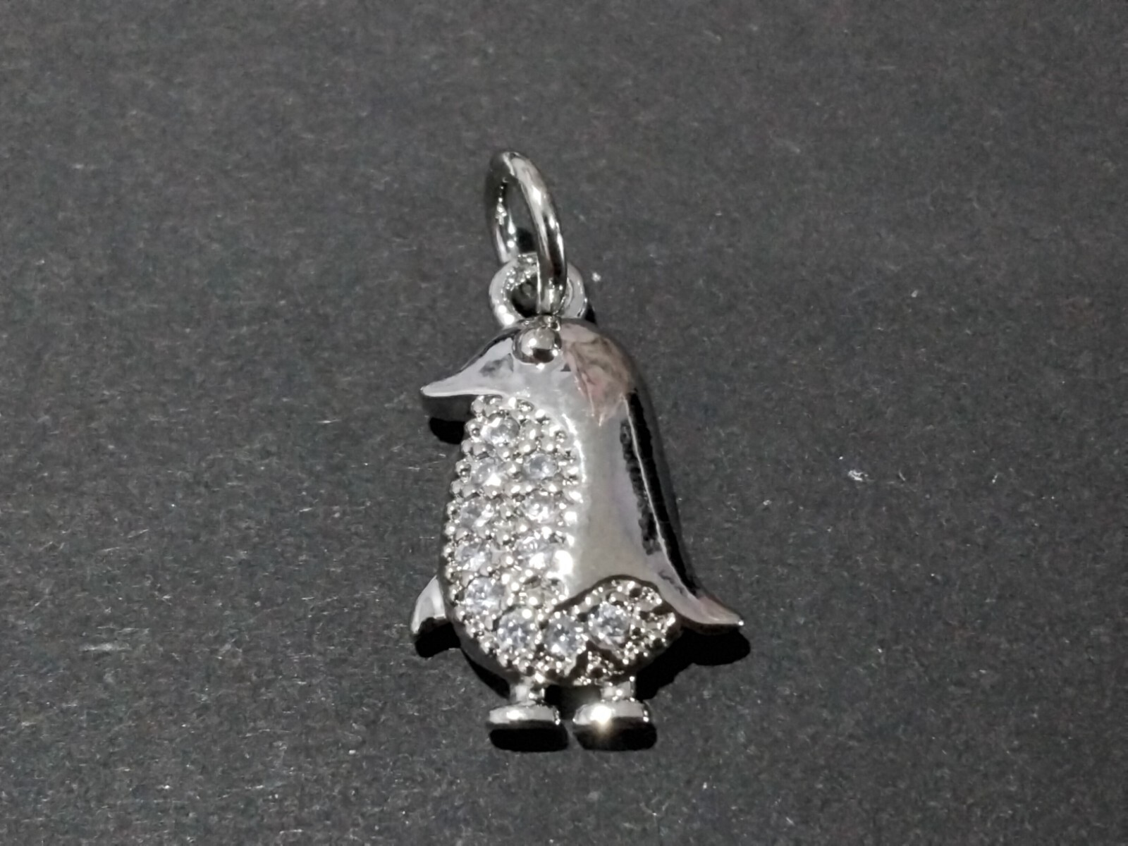 Brass Micro Pave Cubic Zirconia Charm w Jump Ring, Penguin,14.5×9.5×2.5mm, 1 pce