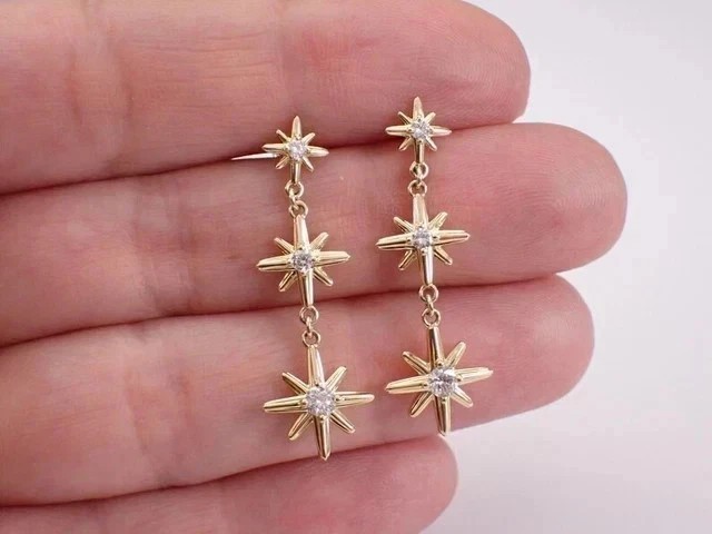 Round Cut Simulated Diamond Star Drop Dangle Earrings 14K Yellow Gold Plated