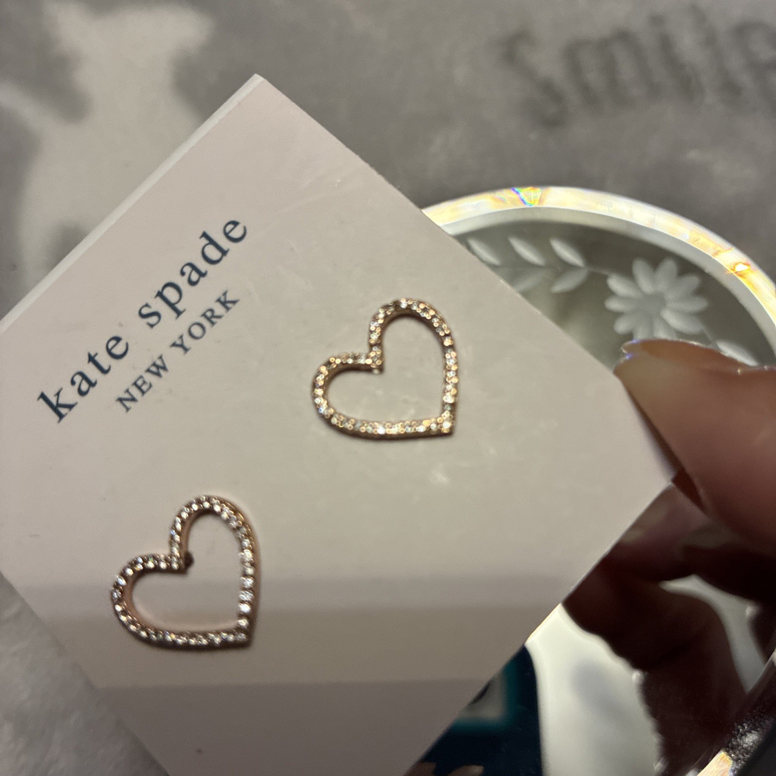 Kate Spade Jewelry Rose Gold Stud Earrings Crystal Pave Heart Open Frame
