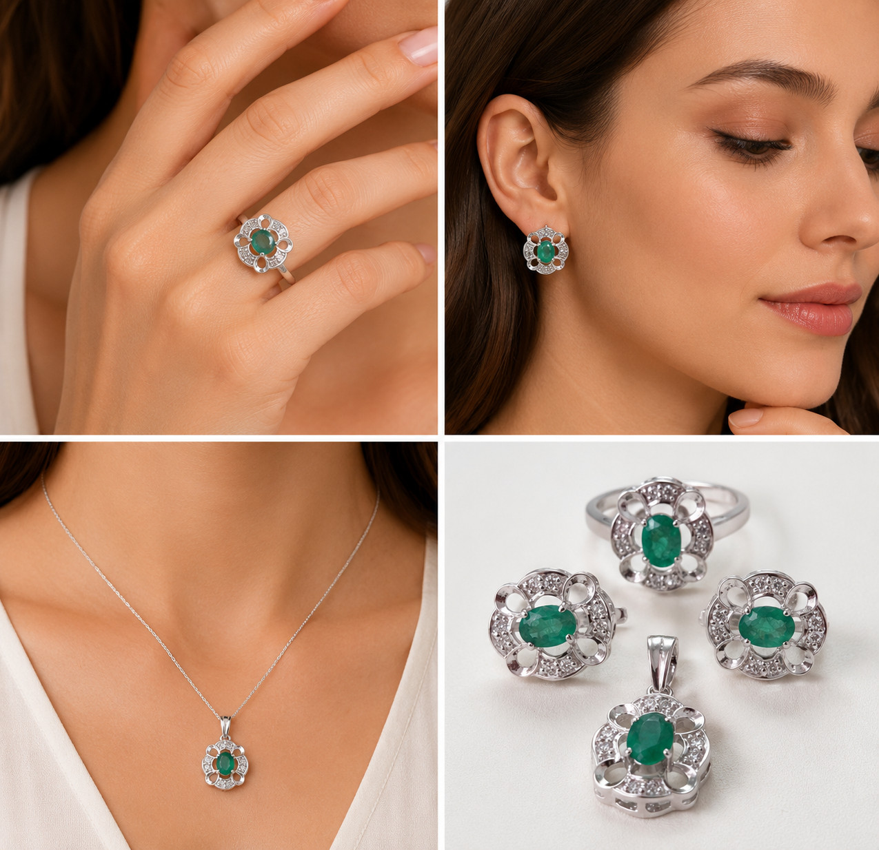 Emerald Ring Earrings Pendant Set 925 Sterling Silver Fine Jewelry for Women