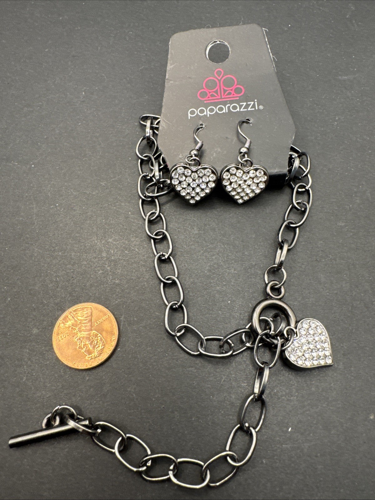 Paparazzi 1” Earrings W/Slip Chain 17” Necklace Gun Metal Grey W/Crystal Hearts