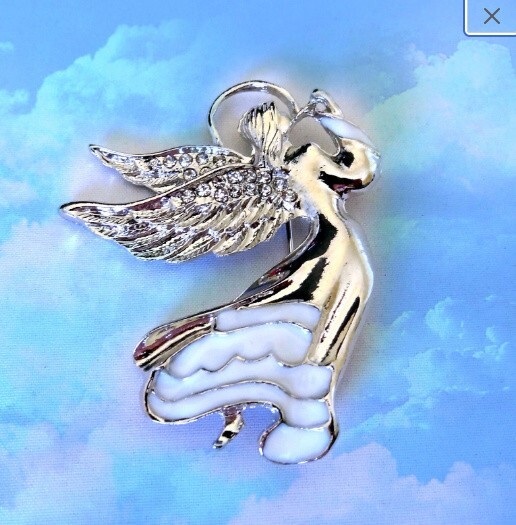 WHITE ENAMEL ANGEL SILVER BROOCH PIN~MOTHERS DAY BIRTHDAY GIFT FOR HER MOM WIFE