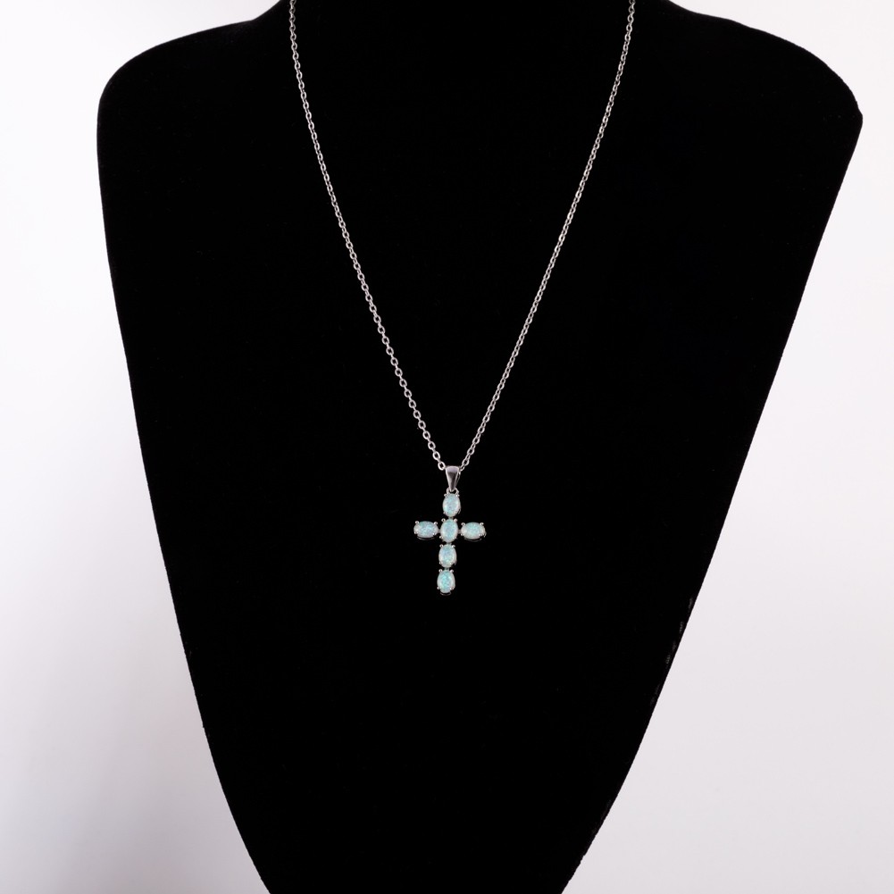 Latin Cross Oval White Fire Opal Cabochon Silver Jewelry Necklace Pendant