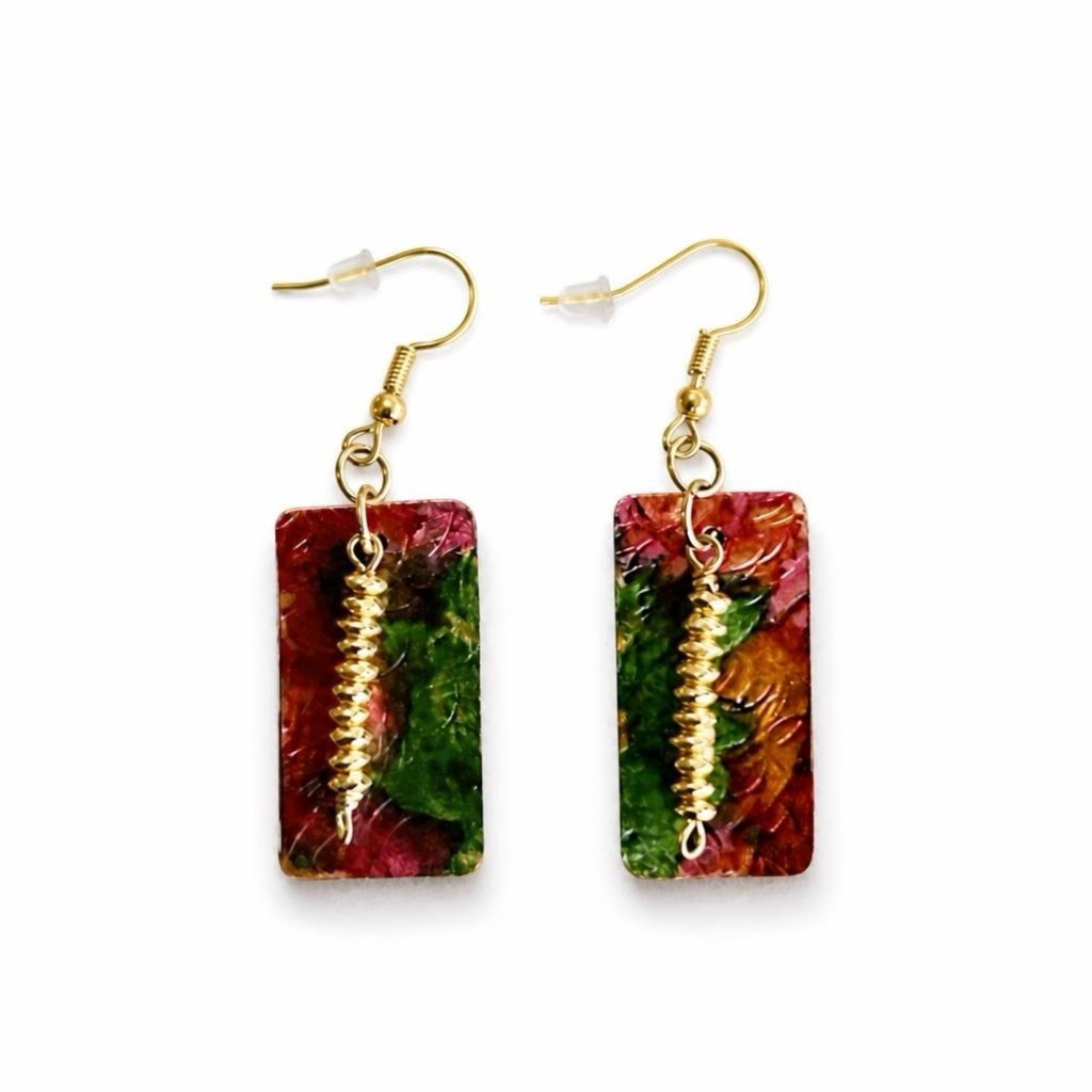 Handmade Copper Earrings Hand Painted Dangle Drop Textured Green Red Gold Artisa