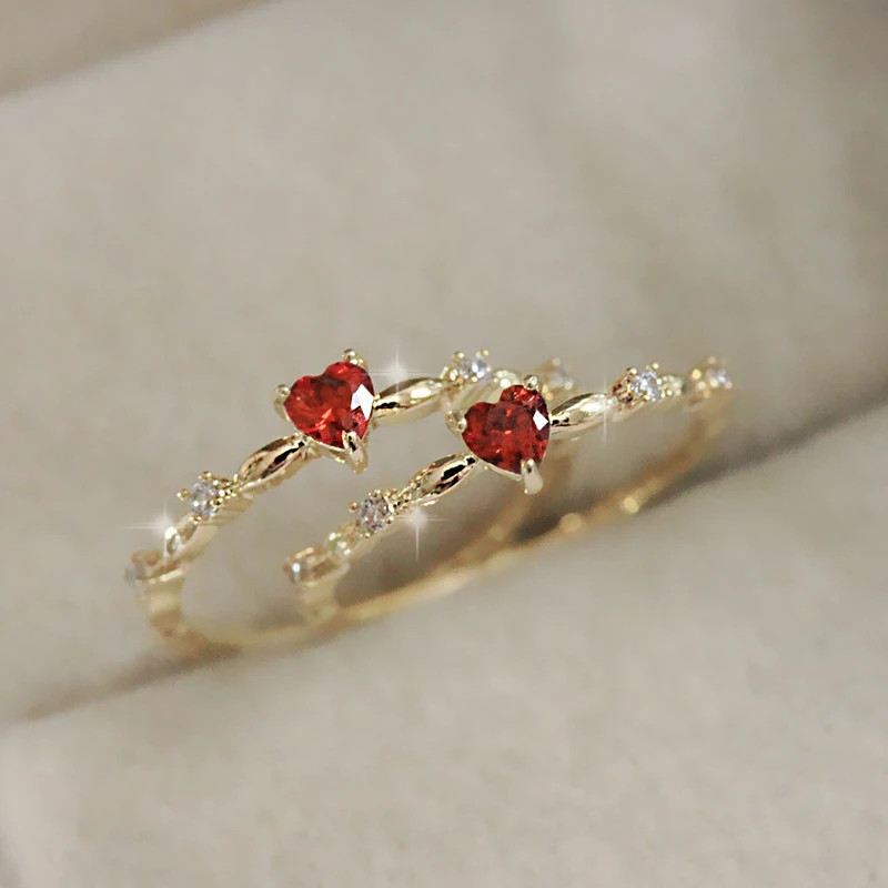Gold Tone Red Heart Ring Women Cubic Zircon Classic Wedding Modern Band Jewelry
