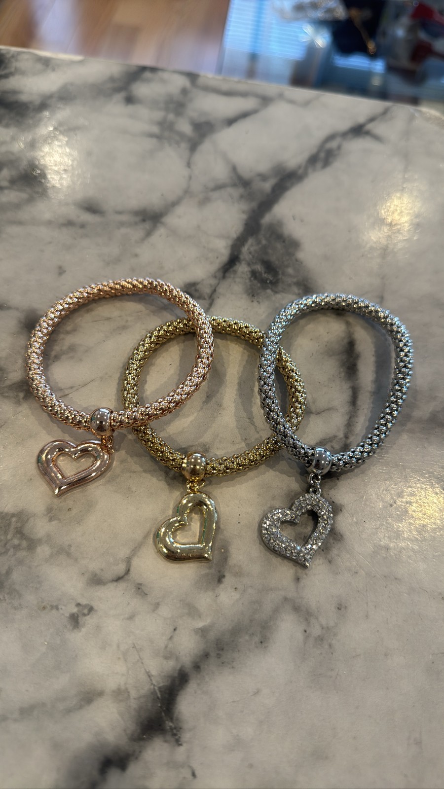 Tri Color Popcorn Mesh Stretch Bracelet Set 3 Piece Puffy Heart Charm