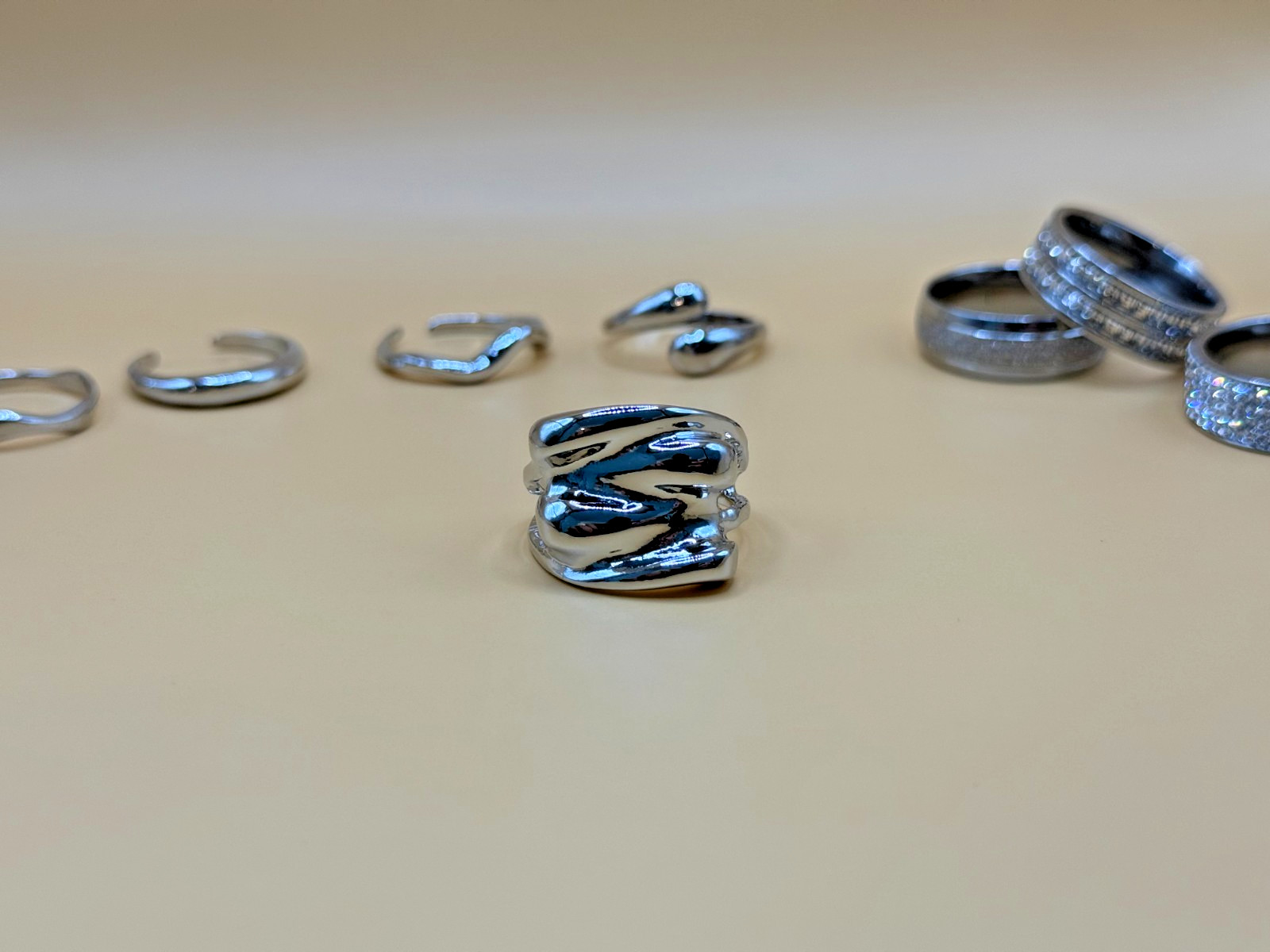 8 Pc Fashion Ring Lot – Adjustable & Fixed Rings – Cubic Zirconia Silver Tone