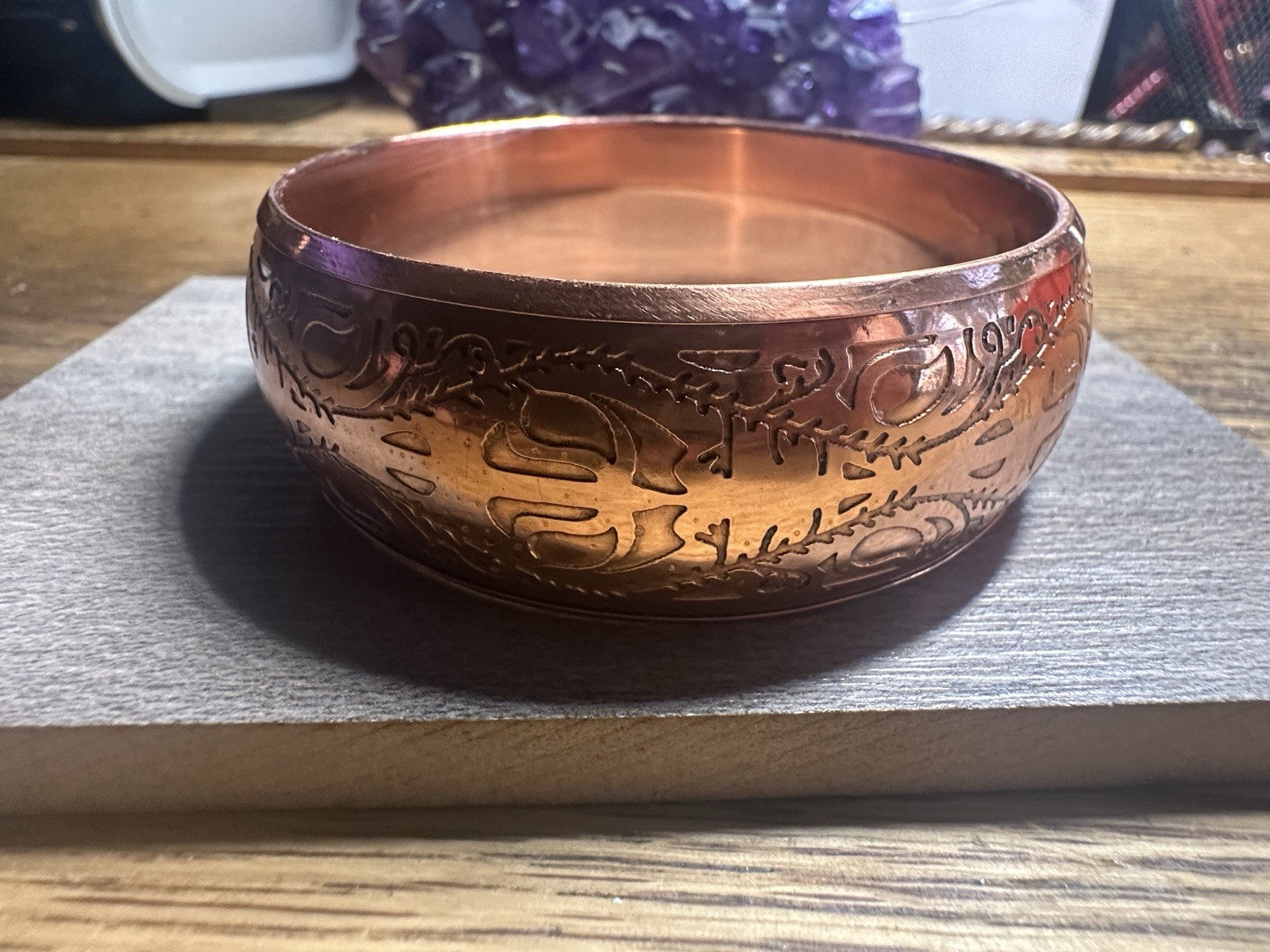 Solid Copper Bangle 7/8 Of An Inch wide. Will fit a 6 1/2 to 7 inch wrists.