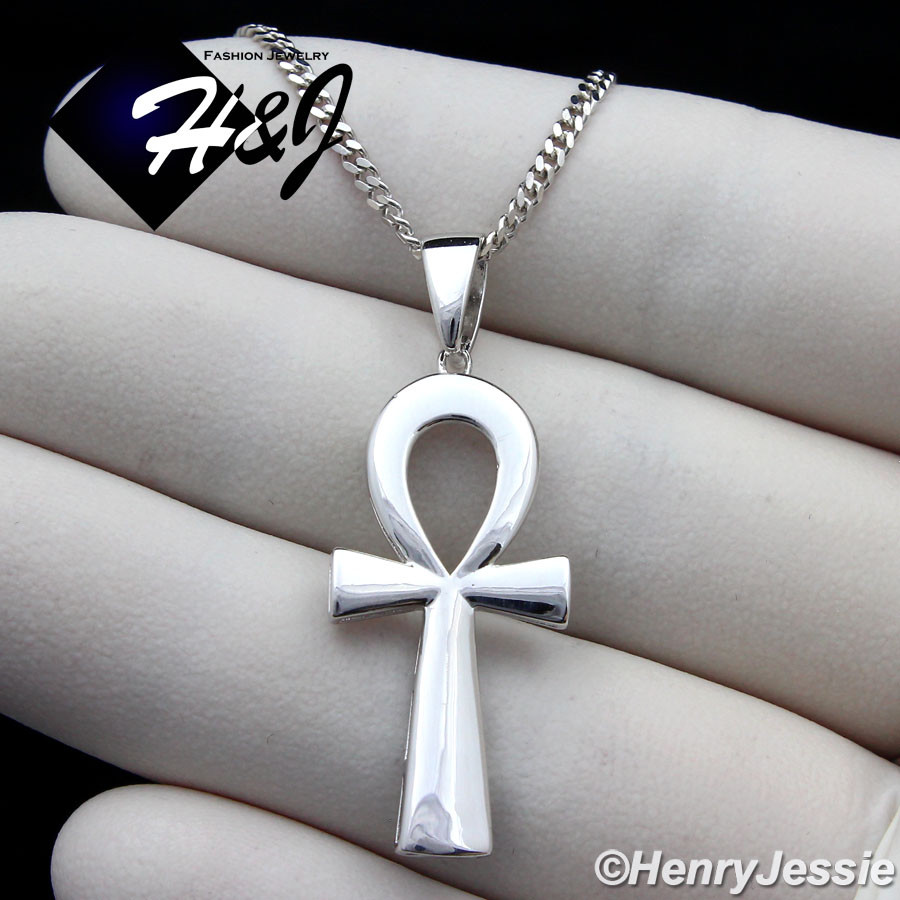 20″MEN 925 STERLING SILVER 2MM MIAMI CUBAN CHAIN ANKH KEY CROSS PENDANT*SP195