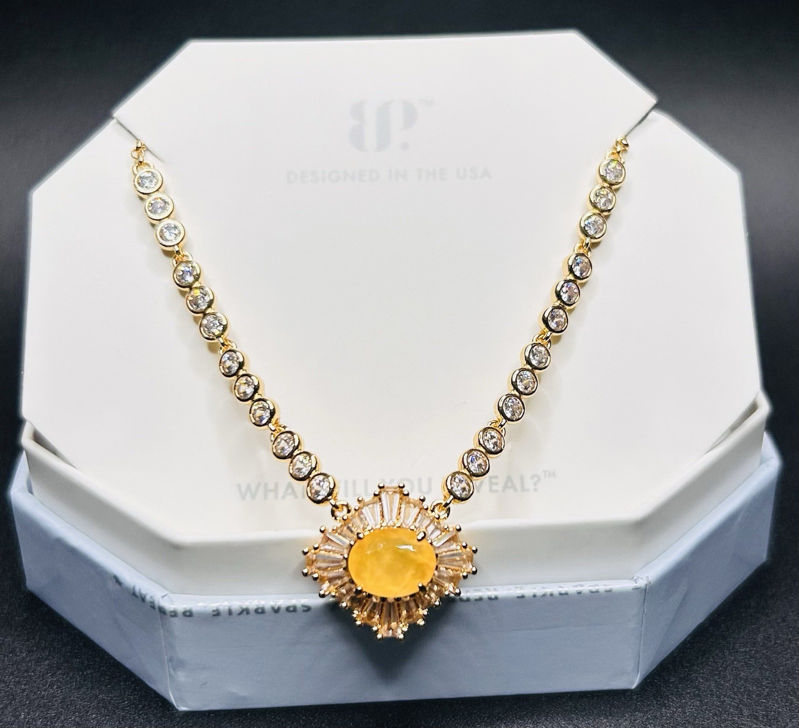 Bomb Party Tennis Necklace “Cushion Royal” LC Bright Peach Morganite Gold Plated