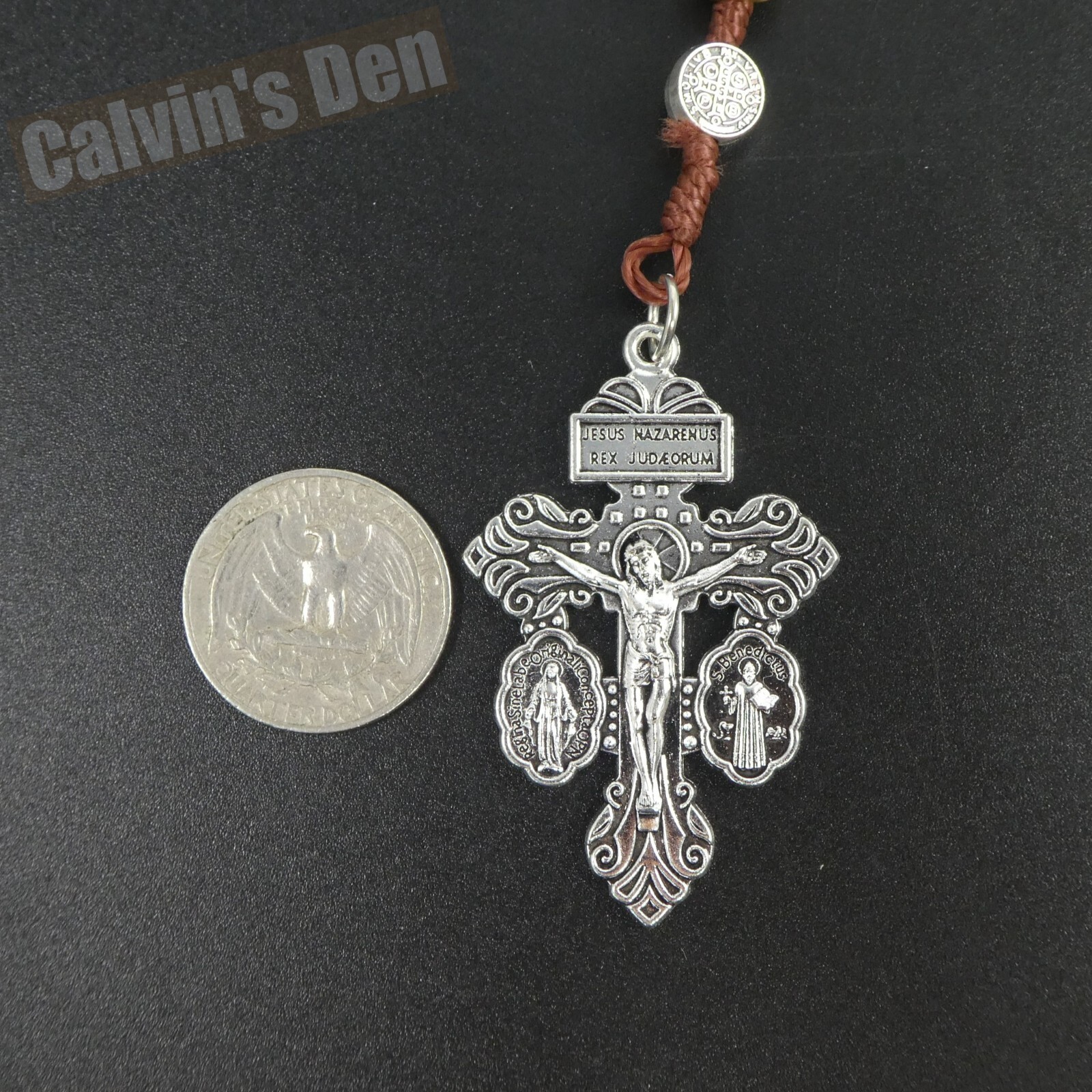 St Benedict 3-Way Pardon Crucifix Rosary Necklace Wood Bead Five Decade Cross