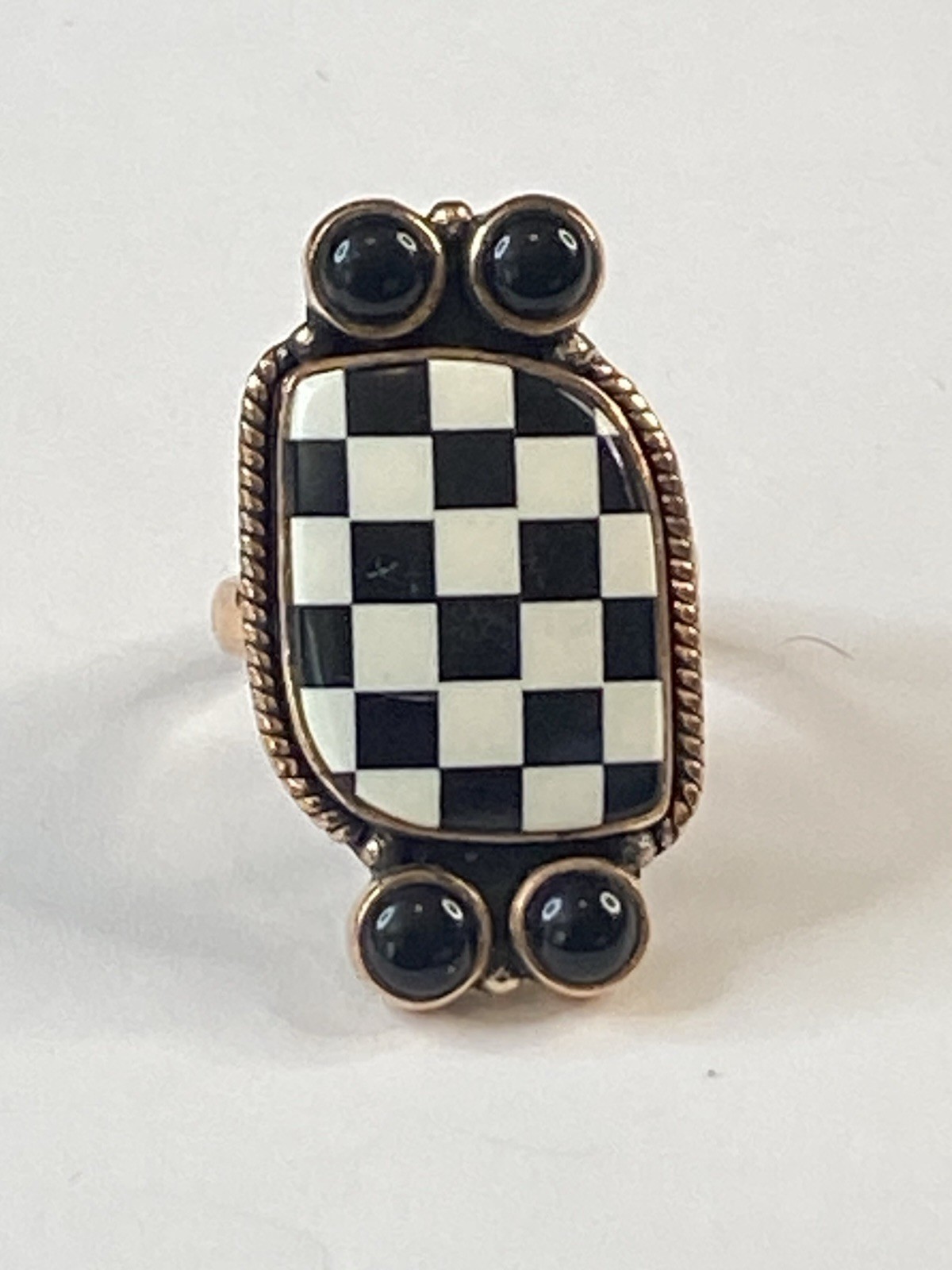 Solid Copper Black Onyx Checkerboard Adjustable Ring Southwest Jewelry