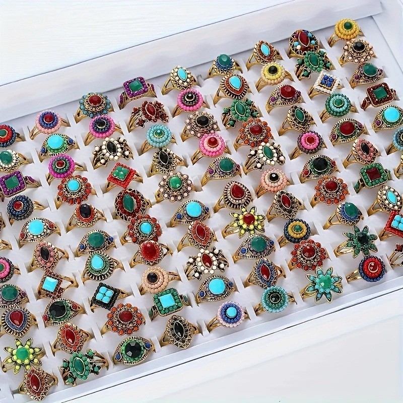 Wholesale 15/30Pcs Ring Mixed Bulk Finger Ring Gemstone Crystal Jewelry Lot Boho