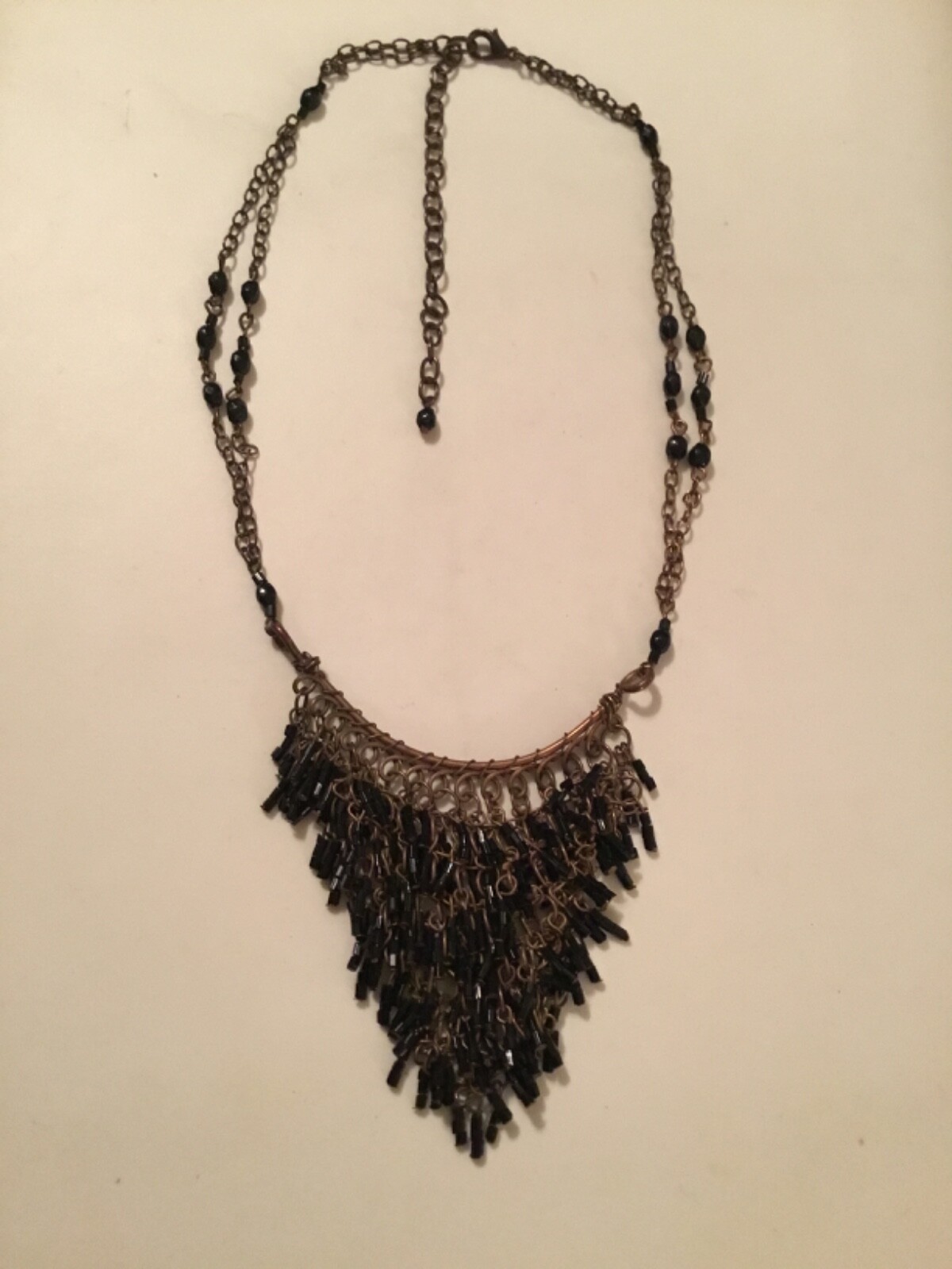 Gold/Bronze Tone Necklace-Black Beaded Bib-Goth-Victorian-Steampunk 16-19 in