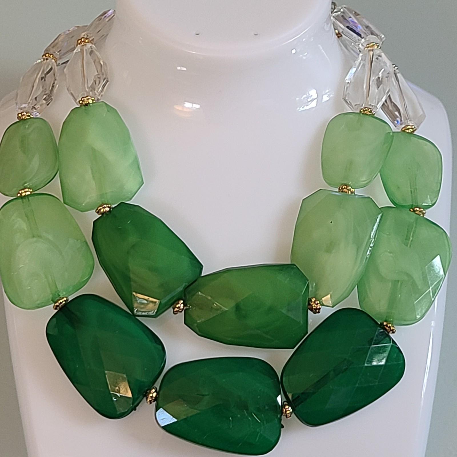 BIG CHUNKY DOUBLE STRAND FAB GREEN NECKLACE BIB WOWSER HUGE STATEMENT NECKLACE