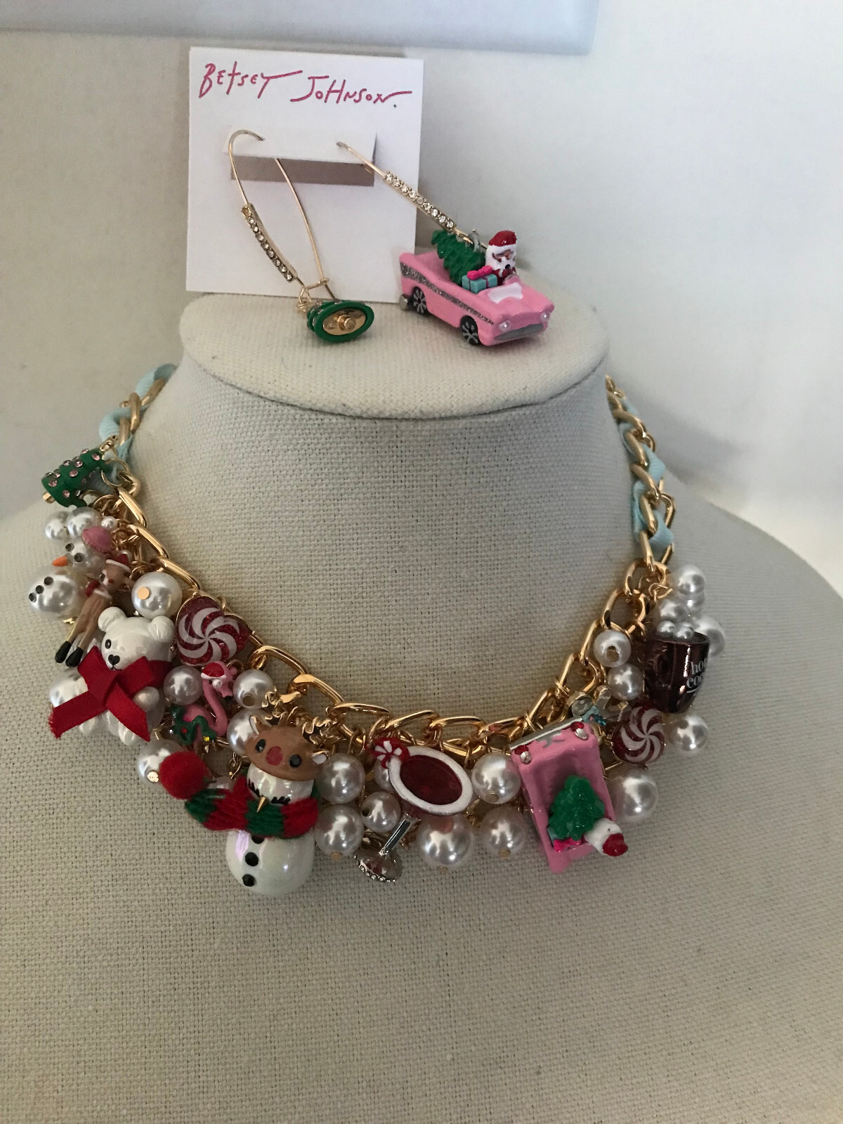Betsey Johnson Christmas Tree Reindeer Snowman Statement Necklace Earrings New
