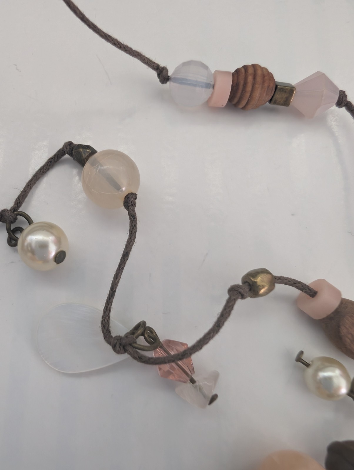 Next Signed Floral Heart Faux Crystal Pearl Wood Beaded Tassel Pendant Necklace