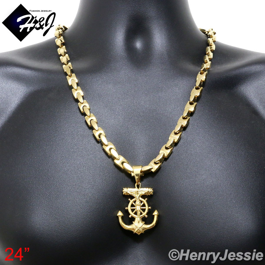 18-40″Stainless Steel 8mm Gold Plated Interlock Chain Anchor Cross Pendant*P58