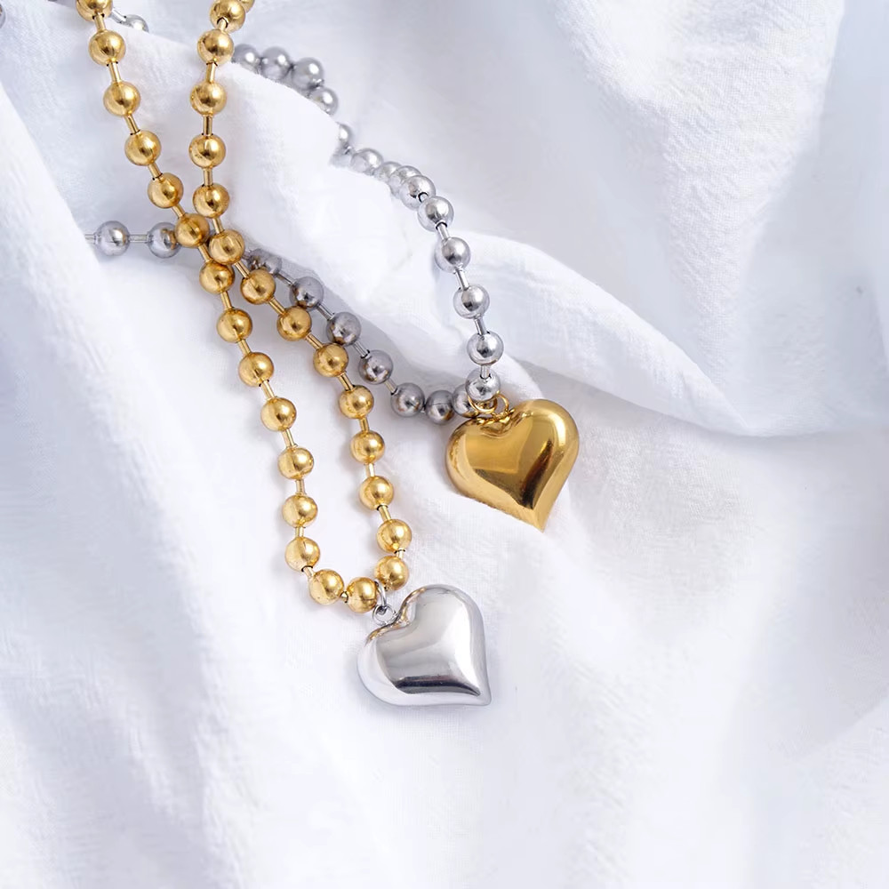 Stainless Steel Heart Necklaces for Women 6Mm Gold/Silver Color Metal Ball Bead