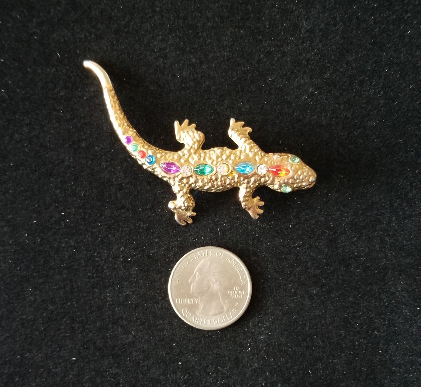 Vintage Multi Color Rhinestone Lizard Textured Gold Tone Pin Brooch