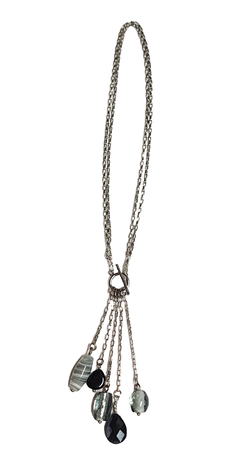 Black Gray Silver Tone Art Glass Bead Tassel Pendant Necklace 14″ Choker GUC