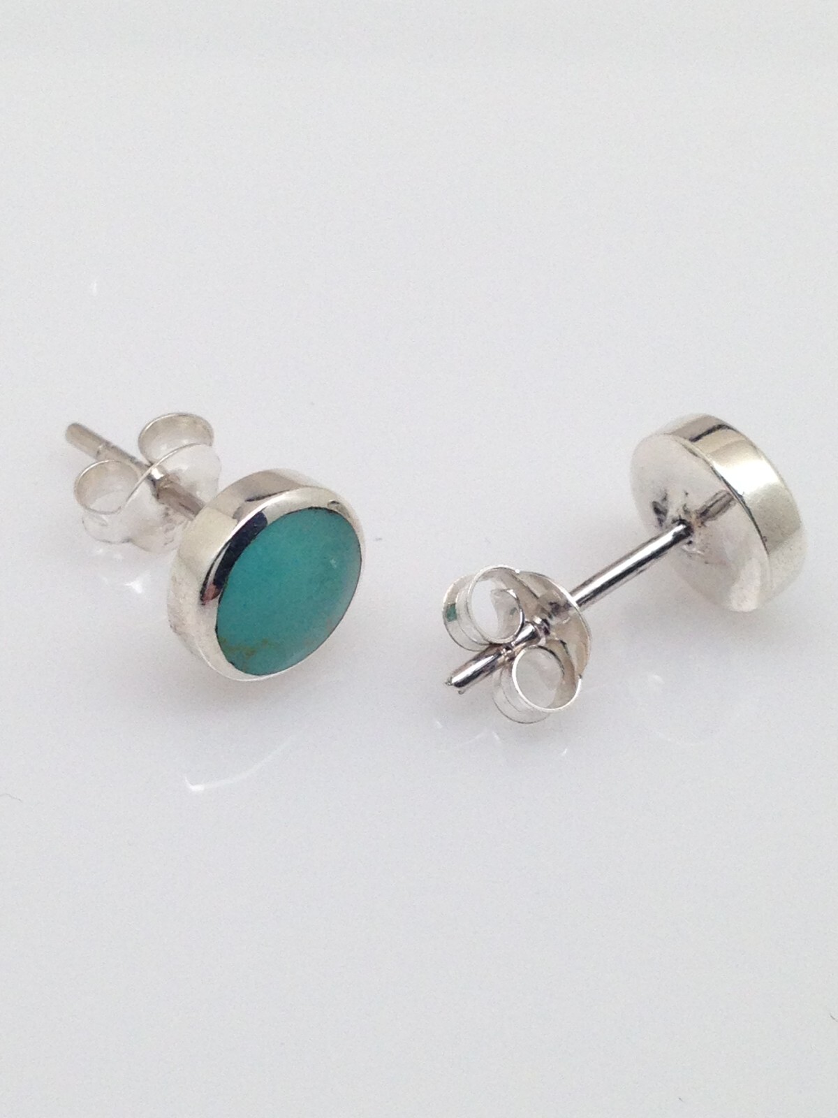 Round Turquoise Stud Earrings 925 Sterling Silver Post Small 7mm/0.28″