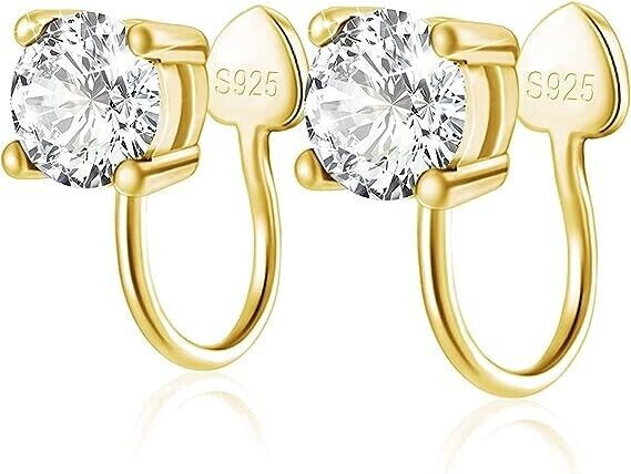 1Pair Gold 6mm Sterling Silver Ear Cuffs Cubic Zirconia Diamond Non-Piercing