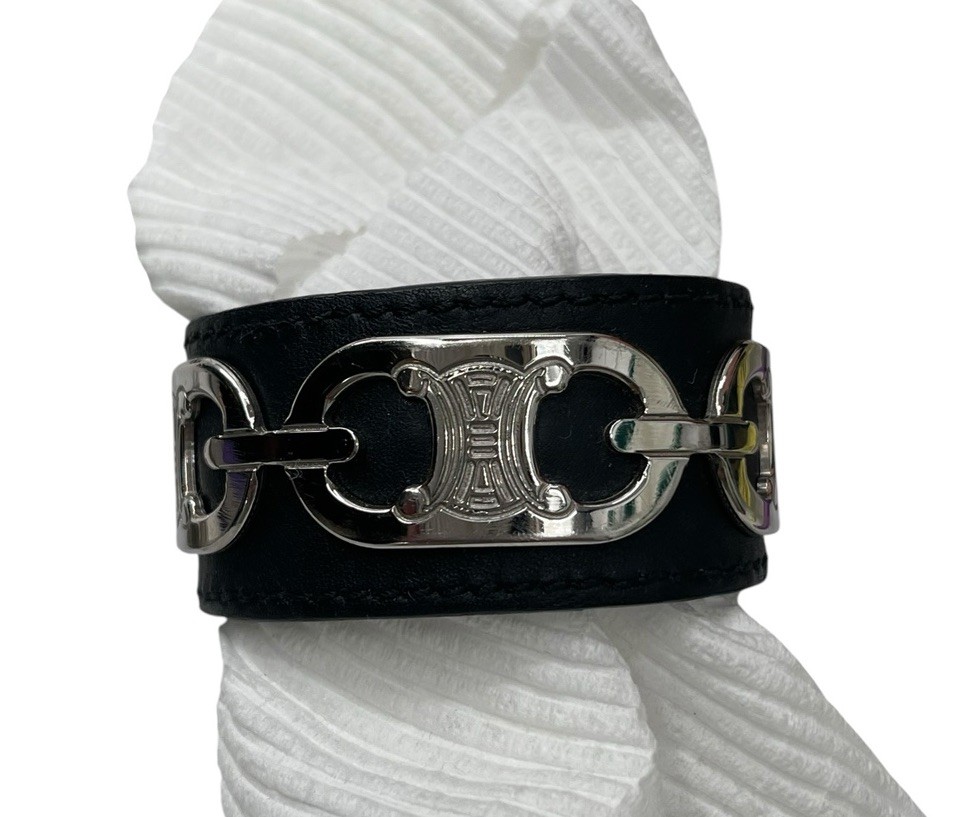 Celine Triomphe Bracelet Black Leather Cuff Silver Hardware