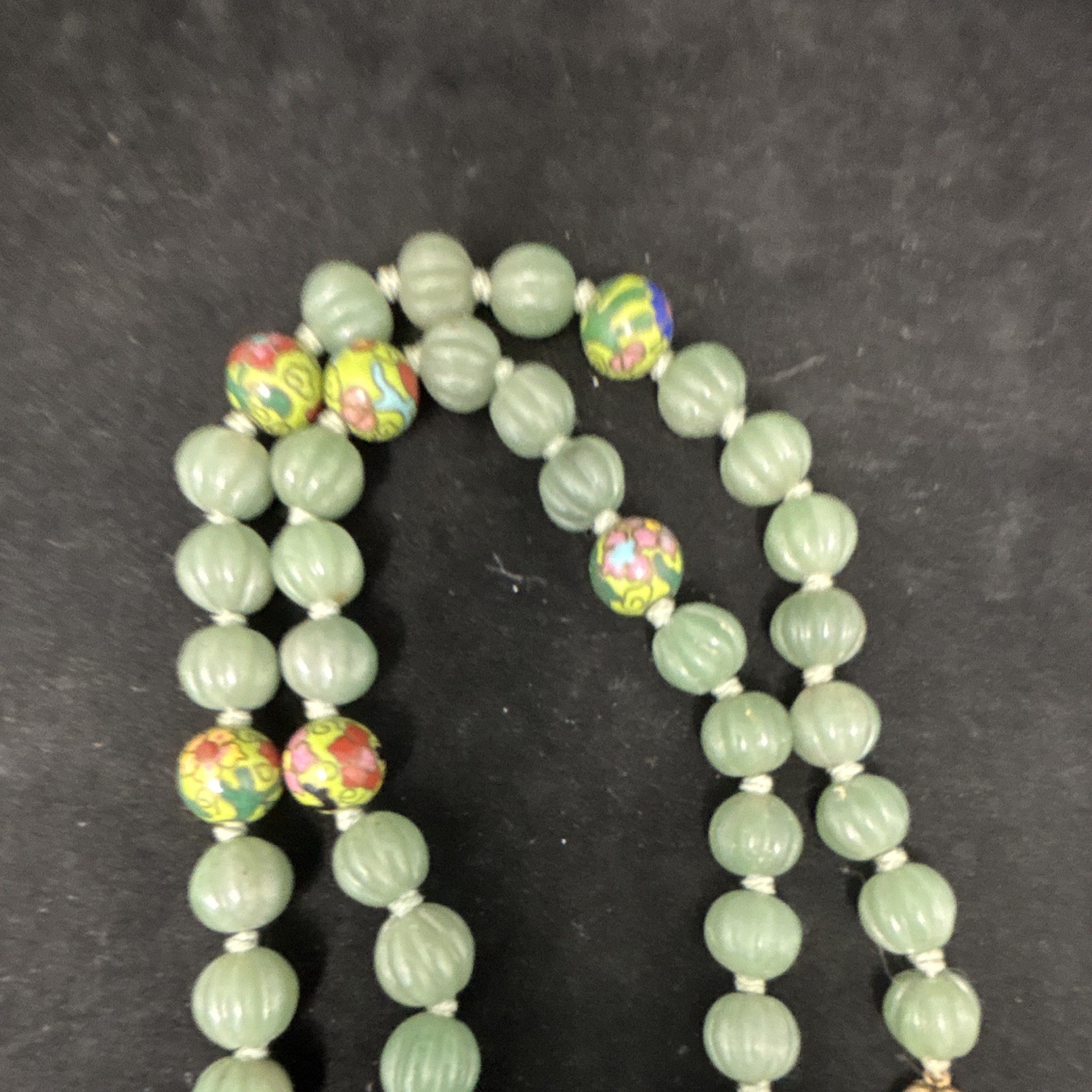 Green Beaded Necklace Strand w/ Multicolor Accent Beads Gold Tone Clasp