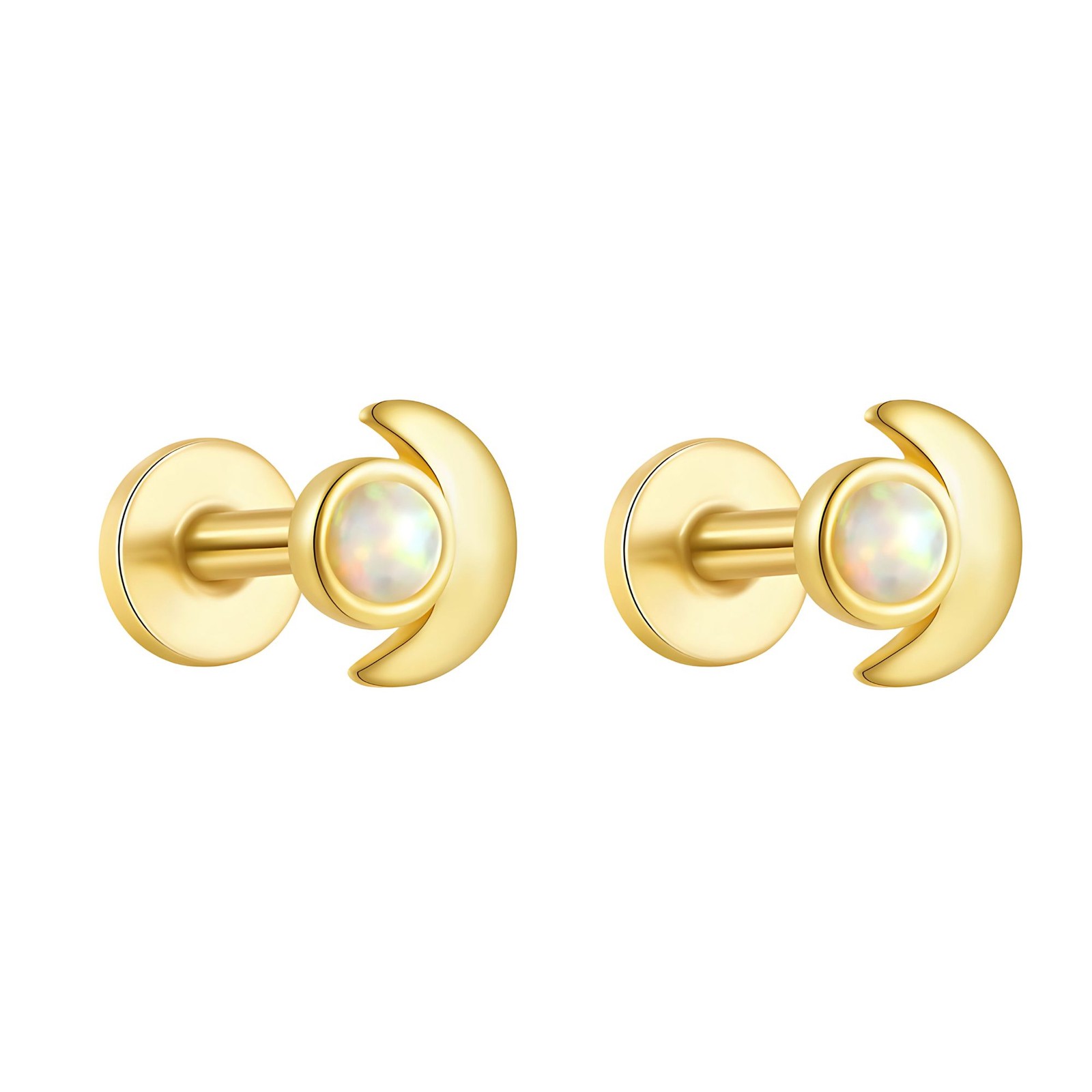 Moon Flat Back Opal Earrings for Cartilage Helix Tragus Lobe16g Gold over Ste…