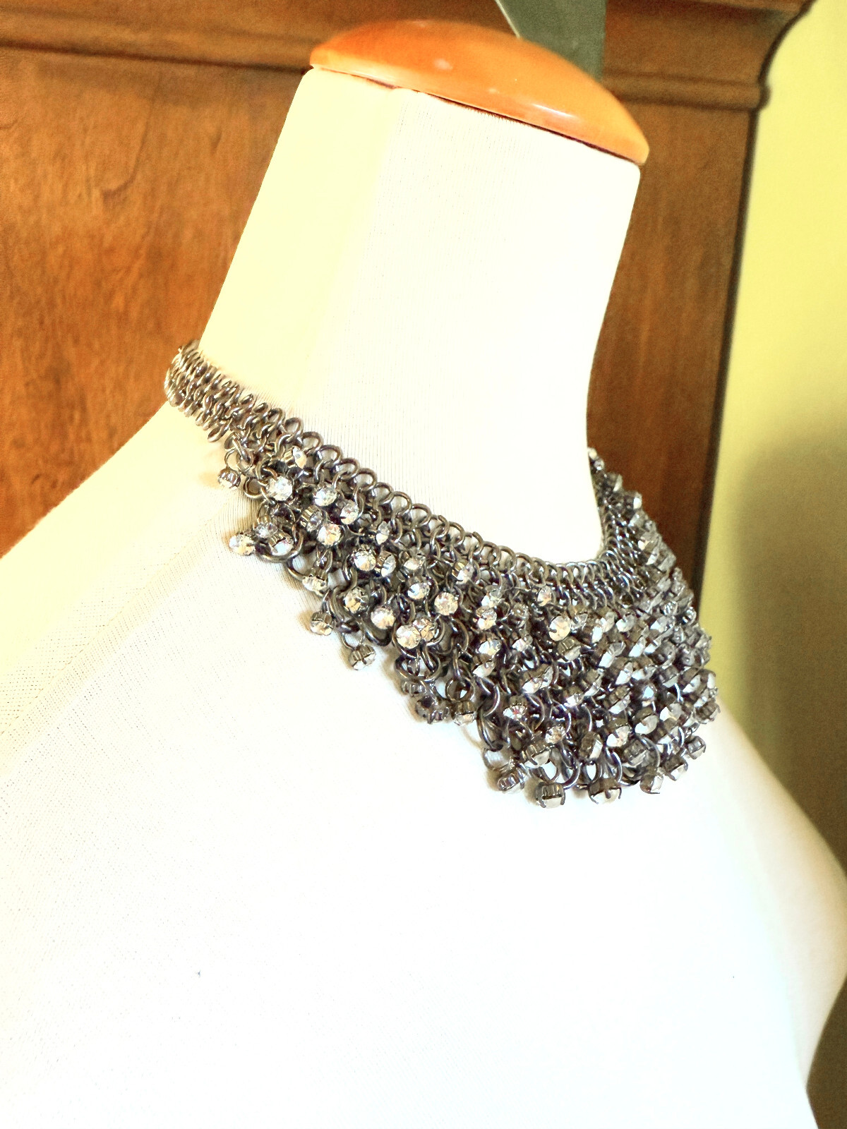Vintage bib necklace draped chain Rhinestone Nordstrom statement gun metal grey