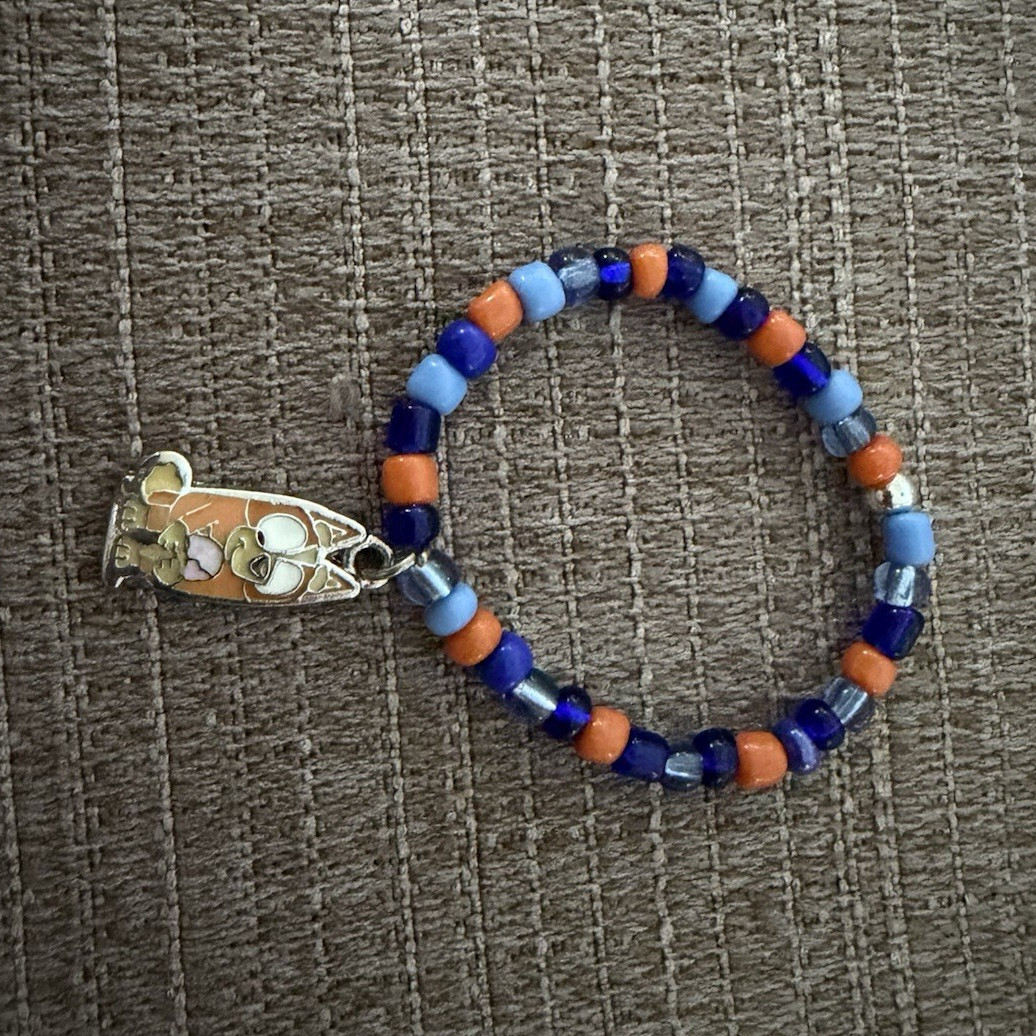 Blue & Orange Plastic Beaded Stretch Bracelet with Round Dangle Charm