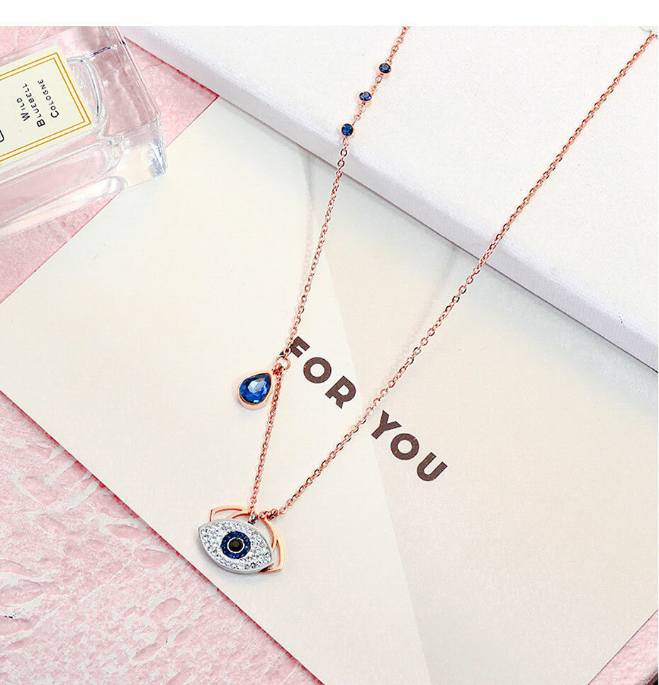 ZARD Women Duo Evil Eye CZ Pave Pendant Rose-Gold Tone Stainless Steel Necklace