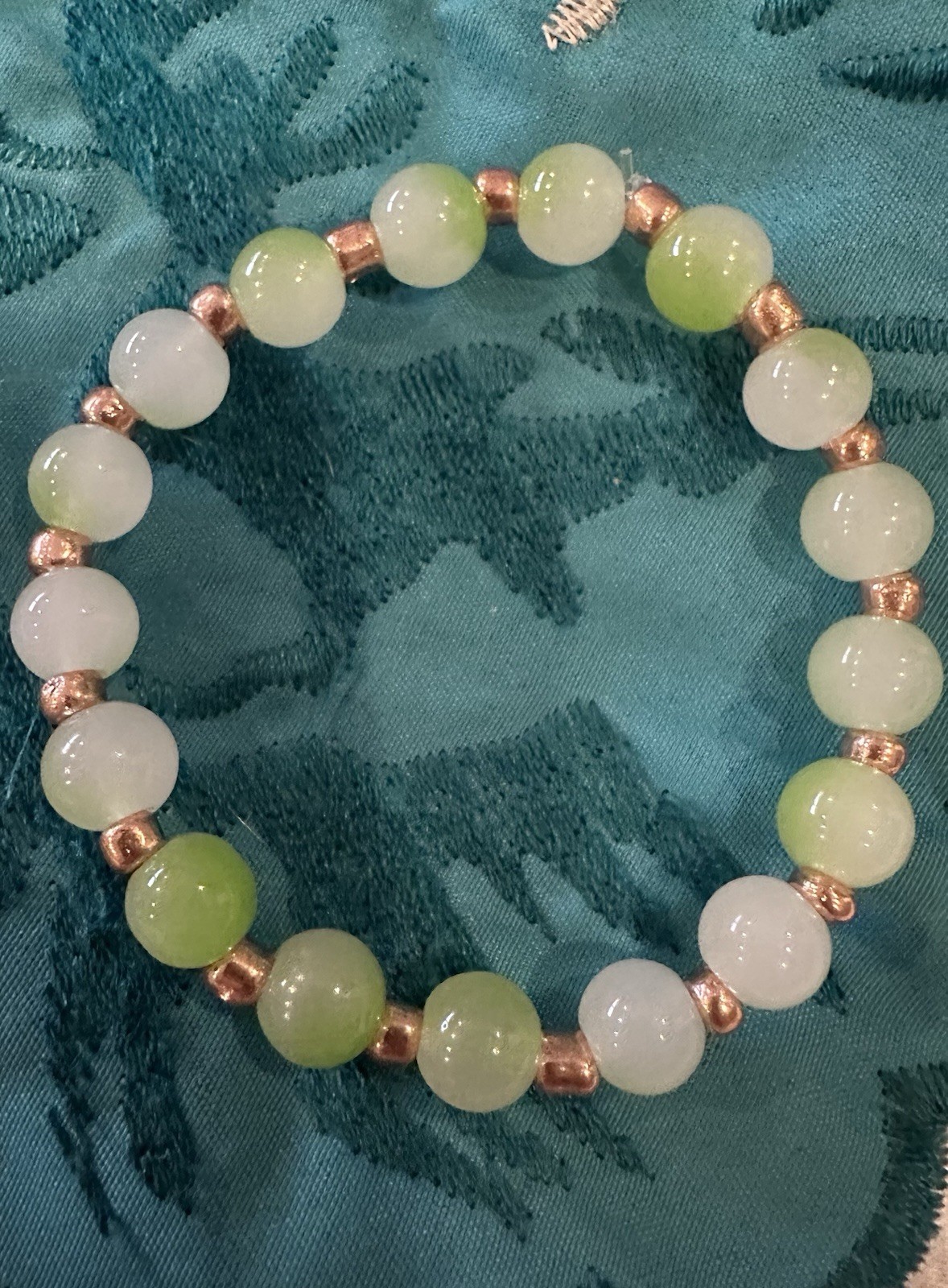Green & White Round Stone Beaded Stretch Bracelet, No Clasp, Rose Gold Spacers
