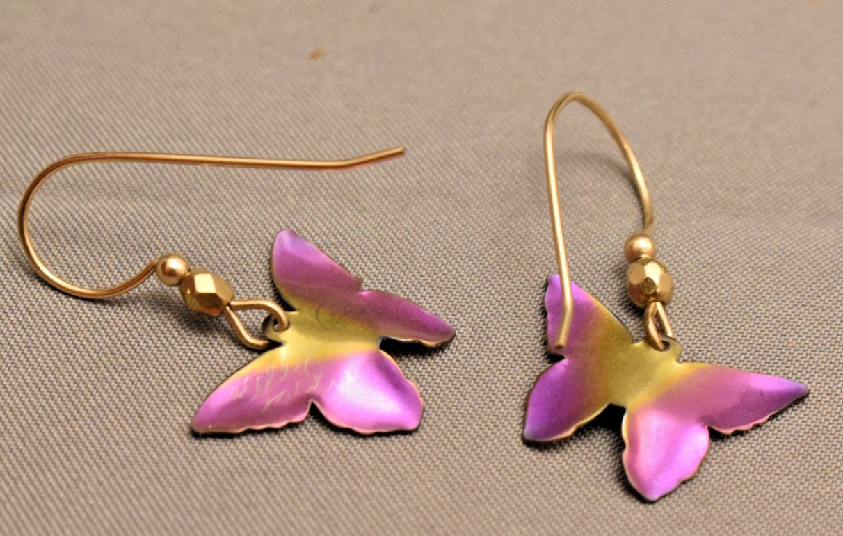 Holly Yashi Pink Gold Blue Niobium, Gold Fill Drop Butterfly Earrings Signed