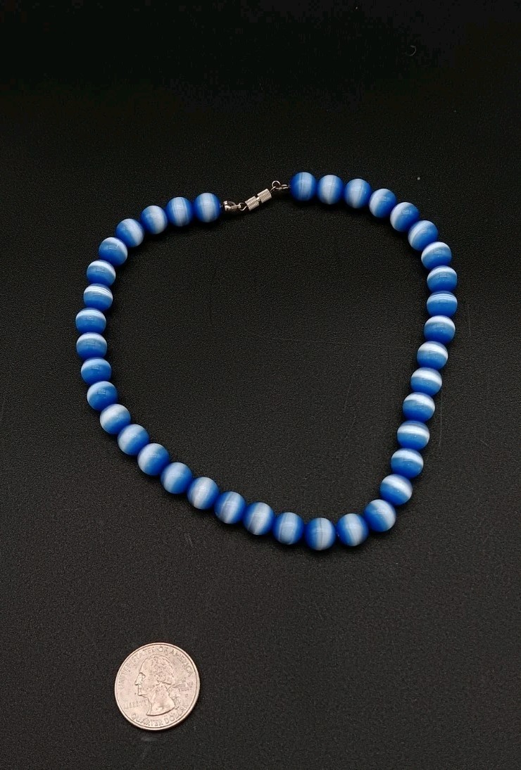 14in Blue Cat Eye 9mm Beaded Choker Necklace Boho Style