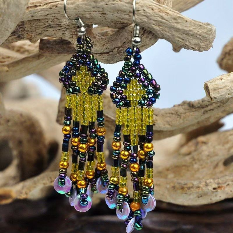 Handmade woven rice beads with tassel and tube earrings