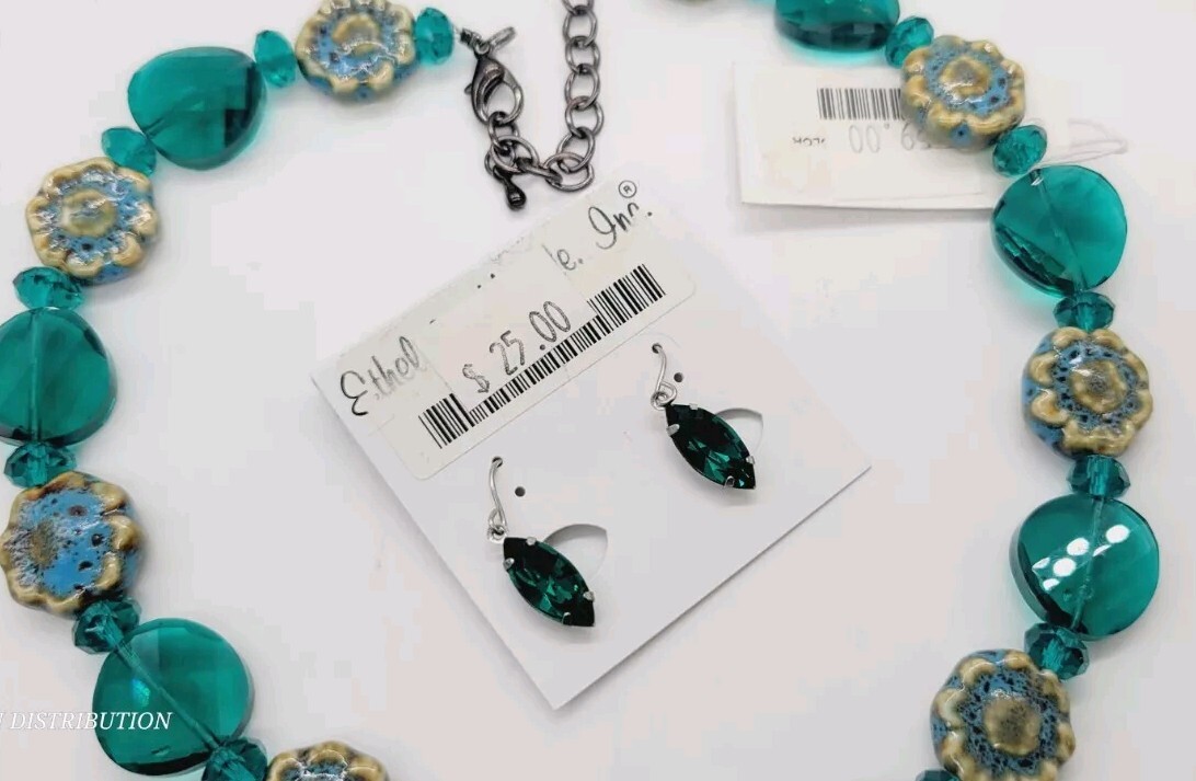 Teal Green Floral Necklace & Earring Flower Set 2 PC Gun Metal Black