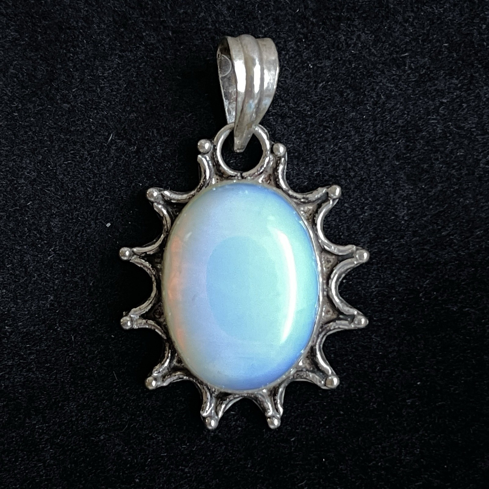 Sterling Silver Opalite Cabochon 925 Starburst Sun Pendant Boho 8.2g