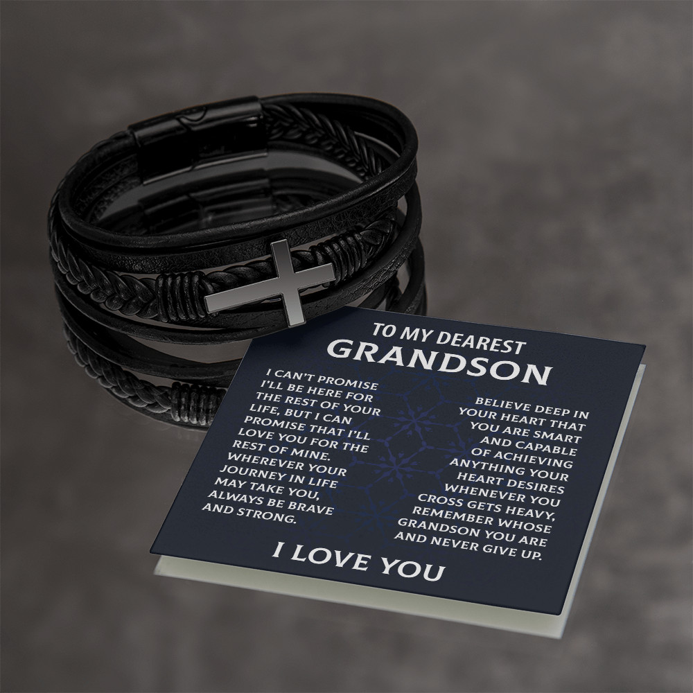 To My Dearest Grandson Cross Bracelet Christmas Birthday Graduation Gift for Men