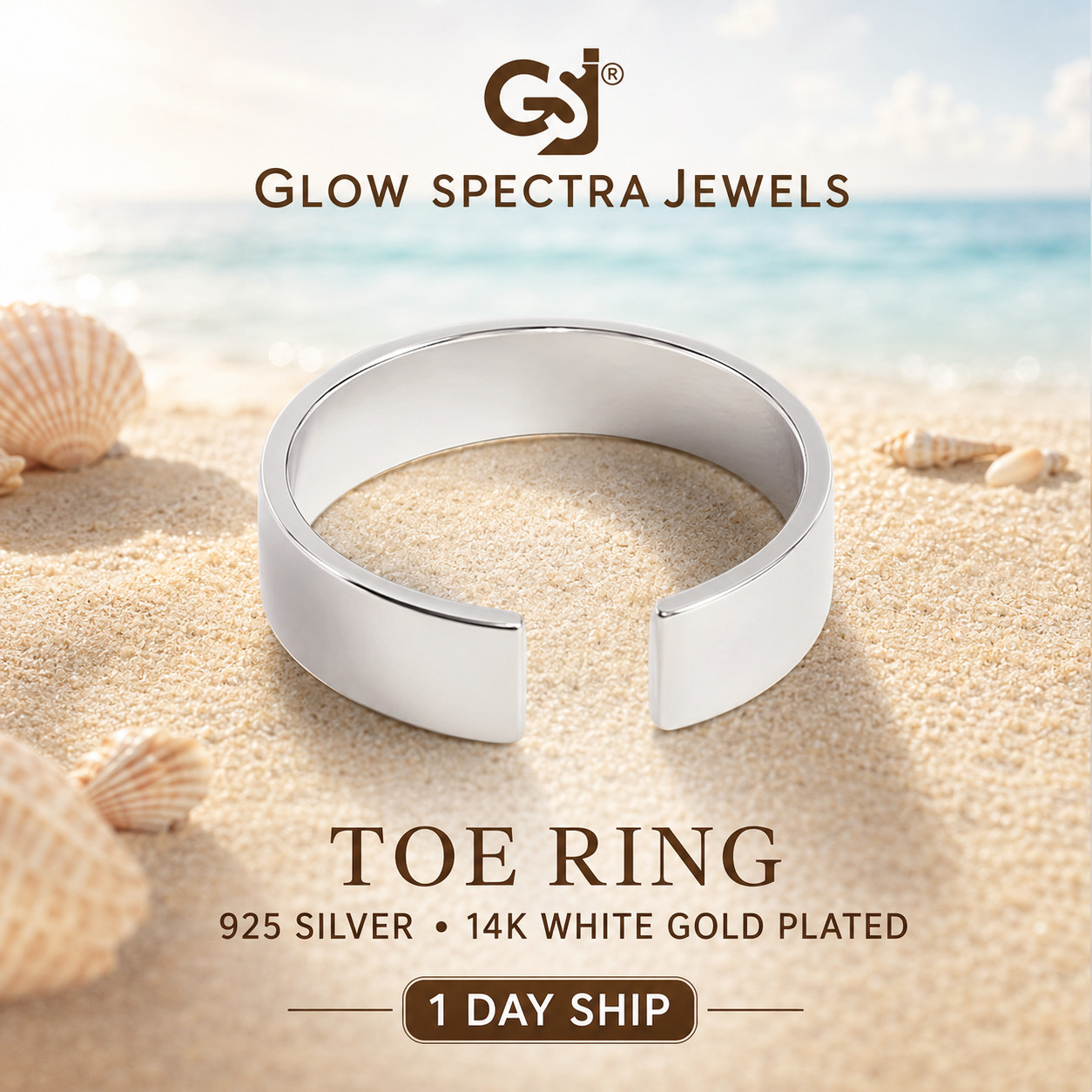 Solid Metal Adjustable Flat Women’s Valentine’s Toe Ring 14k White Gold Plated