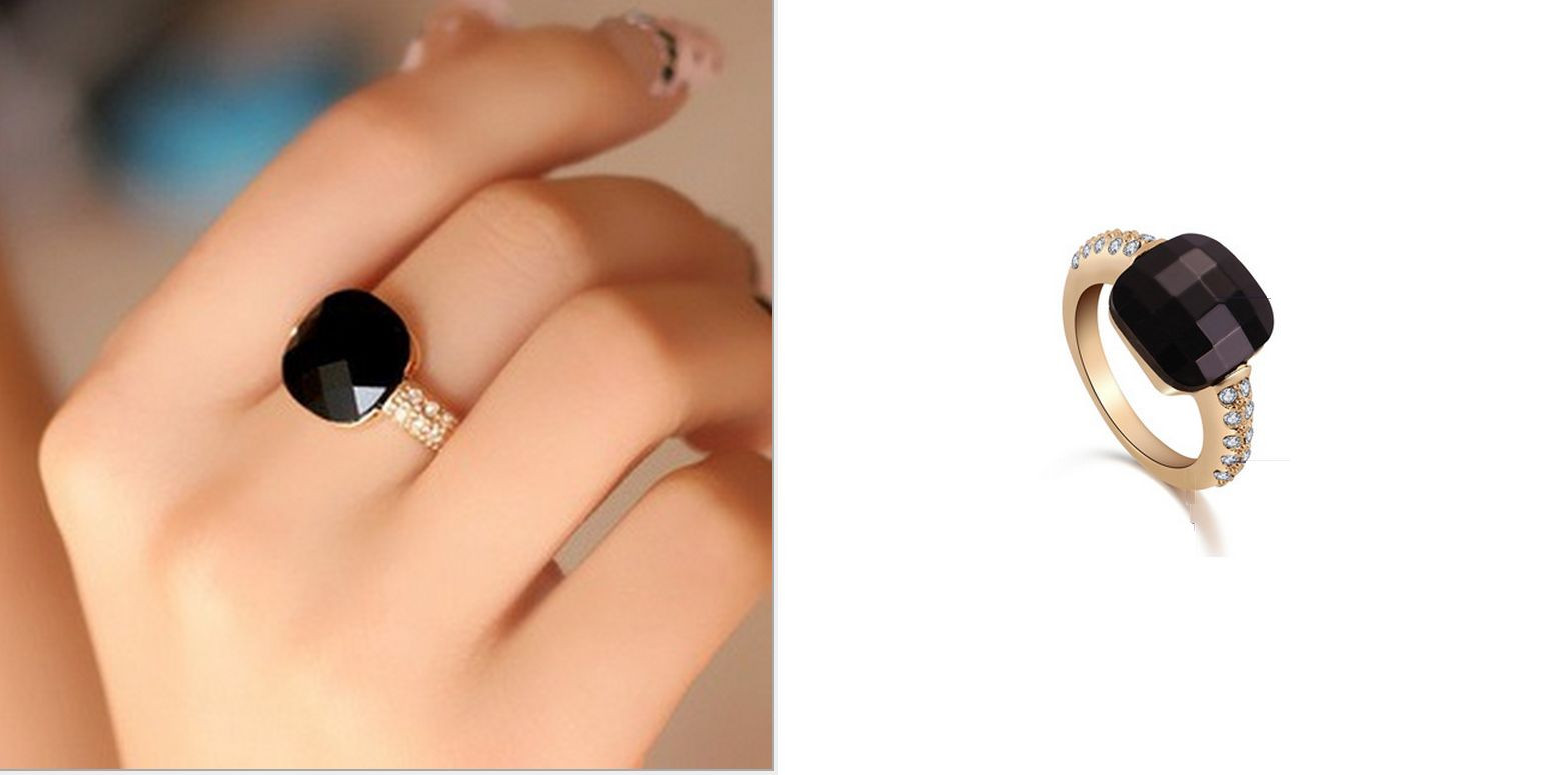 Elegant Black Tombarthiter Stone Silver/Gold GP CZ Engagement Wedding Ring