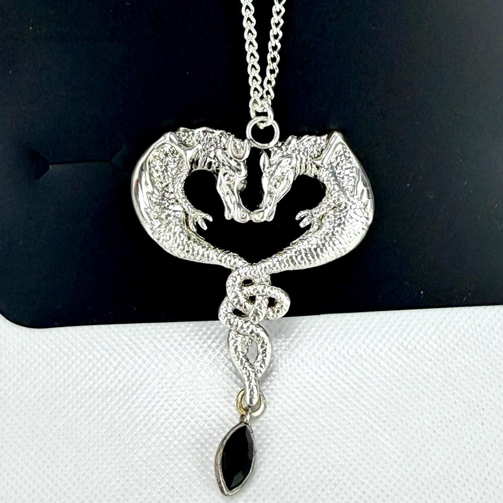 Chain Necklace 2 Dragons Twins Medieval Fantasy Silver Black Stone
