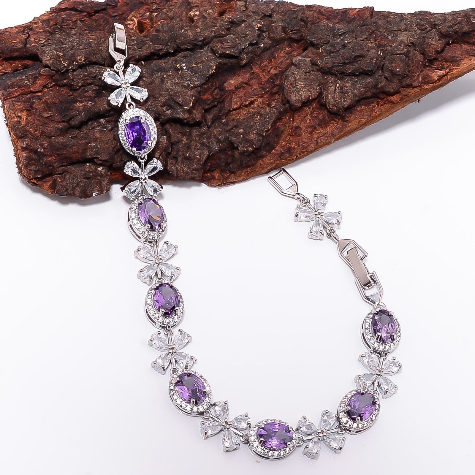 Purple Amethyst, CZ 925 Sterling Silver Adjustable Bracelet 7-8″ B130216