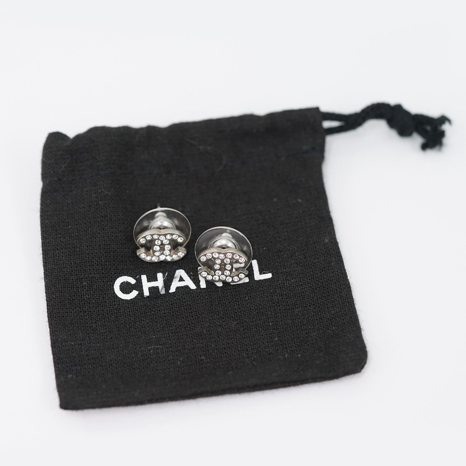 CHANEL CC Logos Rhinestone Stud Earrings Silver Tone A11V Auth #9772