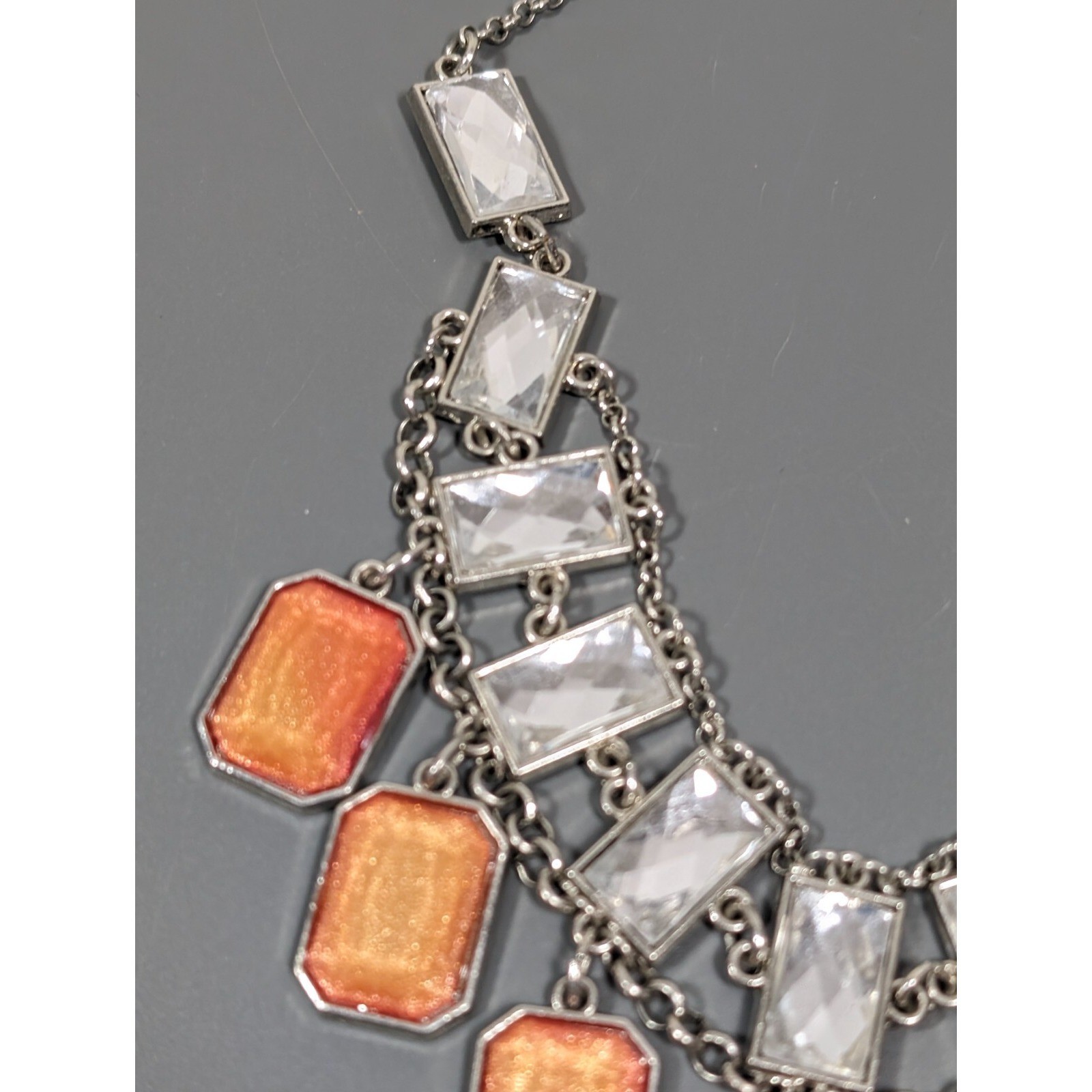 NYC Orange Cabochon Rectangle Charm Statement Necklace Silver Tone 21 in