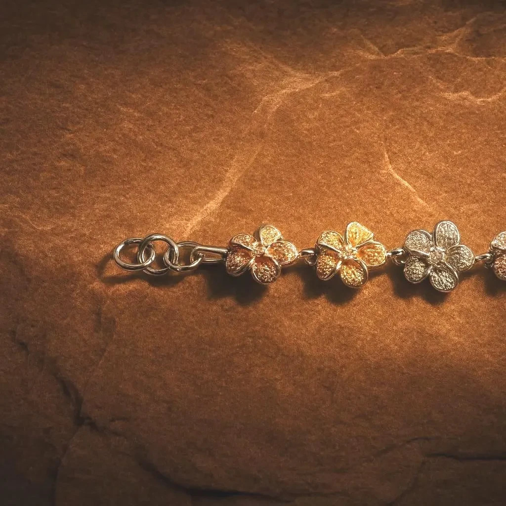 Hawaiian Sterling Silver Tri-Color Gold Plated Plumeria Bracelet CZ Prong Gems