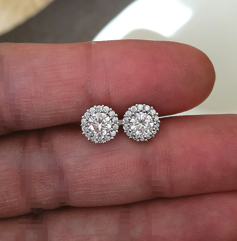 14K White Gold Plated Halo 1.62 Ct Round Cut Simulated Diamond Stud Earrings