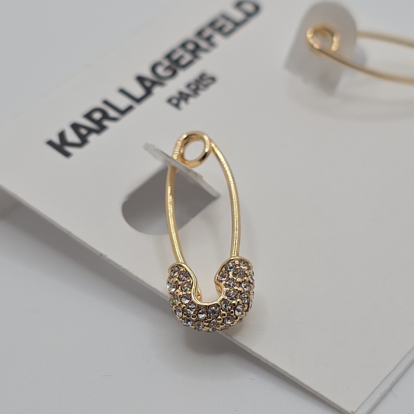Karl Lagerfeld Gold Tone Crystal Safety Pin Dangle Drop Earrings Lobe Jewelry